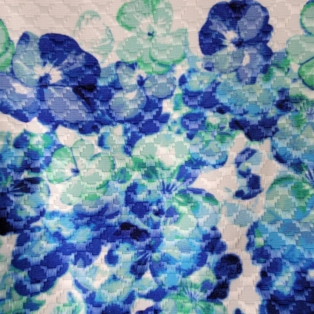 Tahari ASL Dress Size 8P White Blue Floral Sleeveless Box Pleat Pockets Textured - Picture 5 of 10
